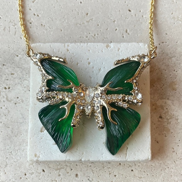Alexis Bittar Jewelry - Alexis Bittar Green Lucite Butterfly Necklace Crystal Gold Statement Pendant